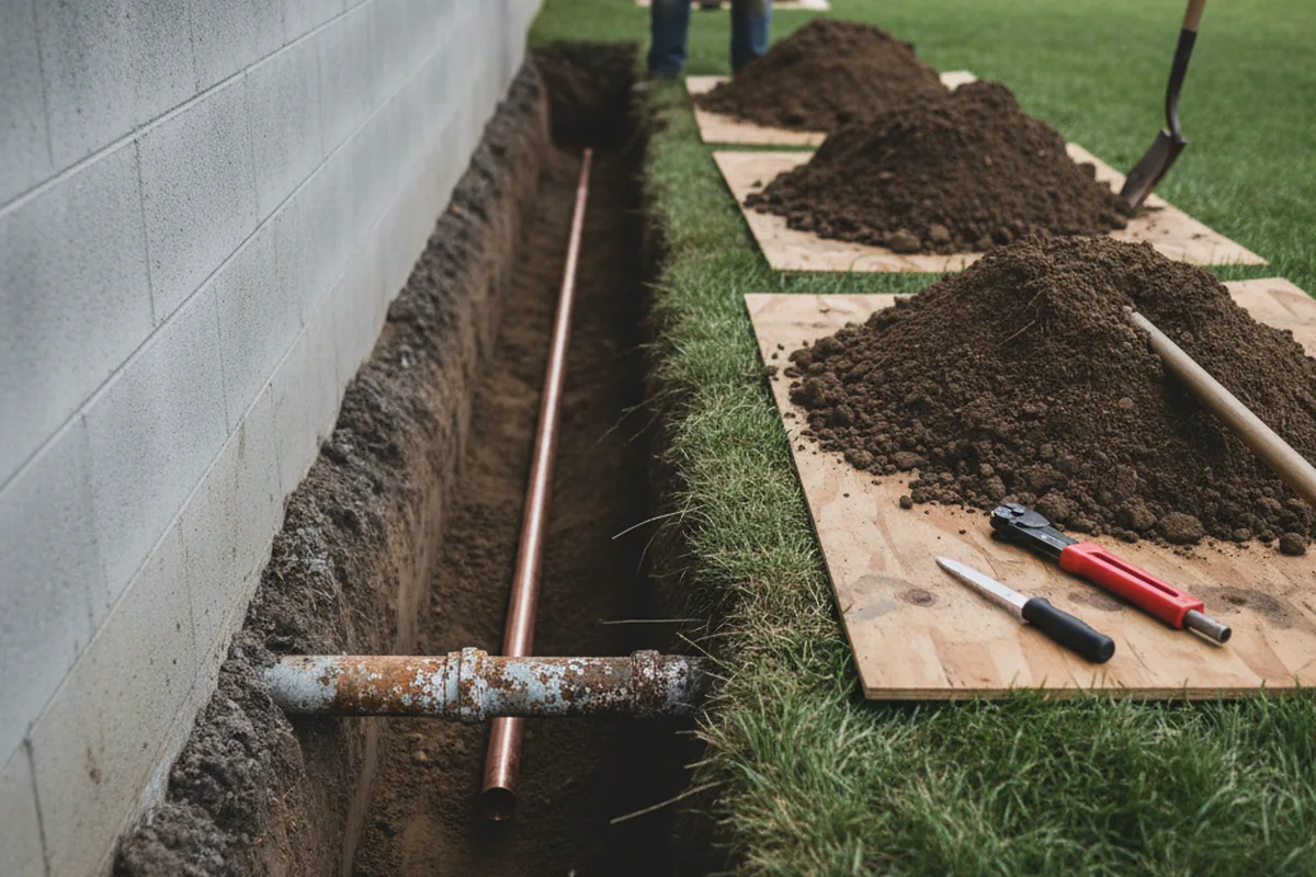 Excavated water line trench during Water Heater Repair in Liverpool
